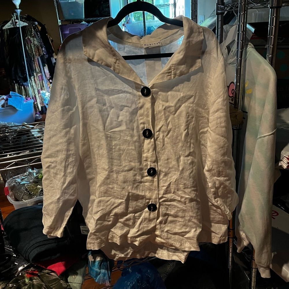 Habitat White Decorative Button Down Linen Lagenlook Shirt sz M EUC